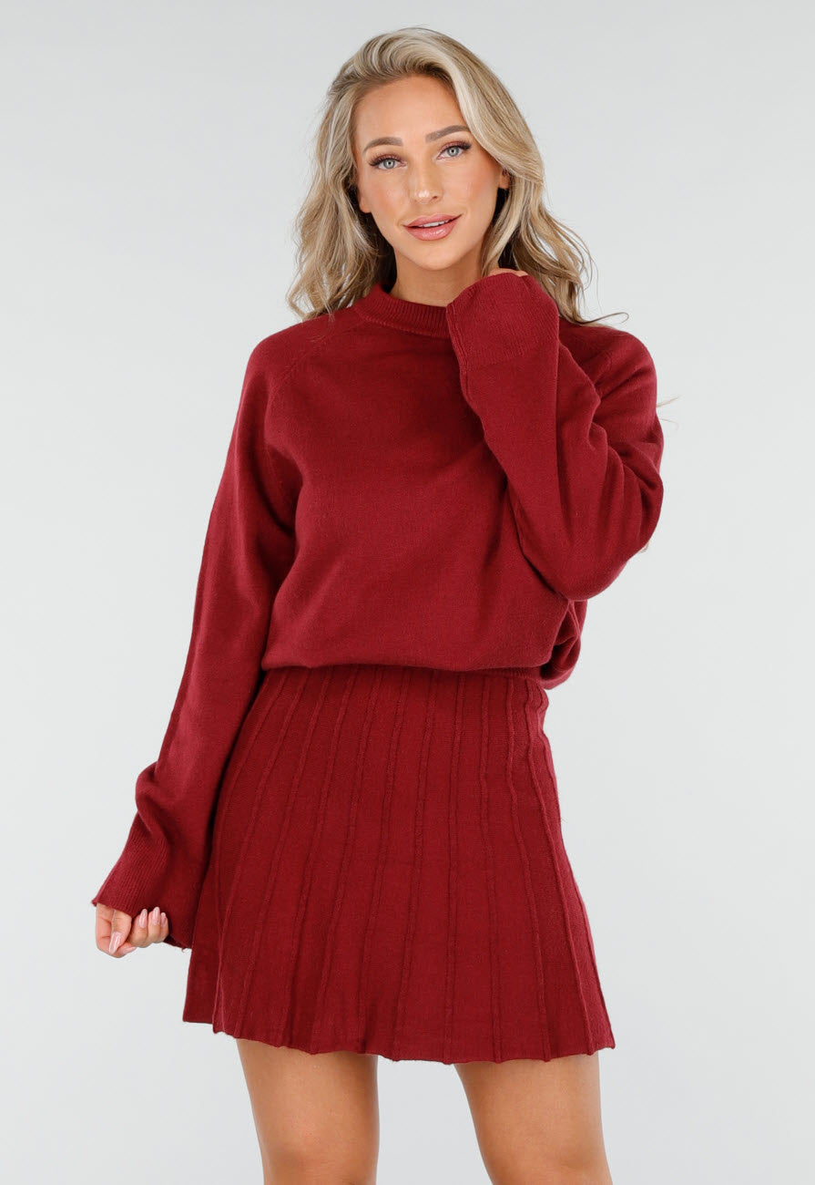 Bordeauxrode Gebreide 2-Piece Set met Trui en Rok