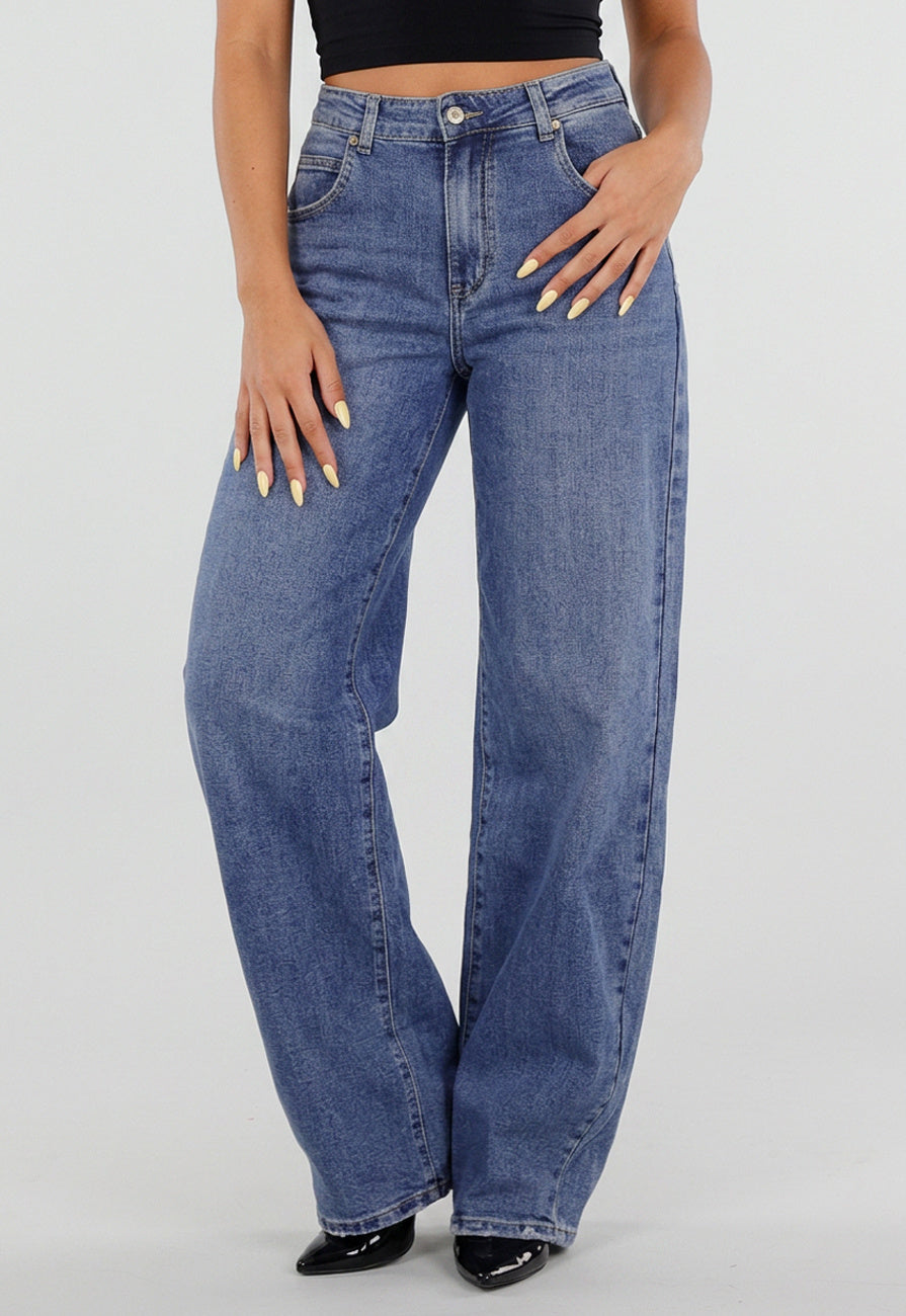 NEW050826 Blauwe Barrel Jeans met Hoge Taille en Lichte Stretch
