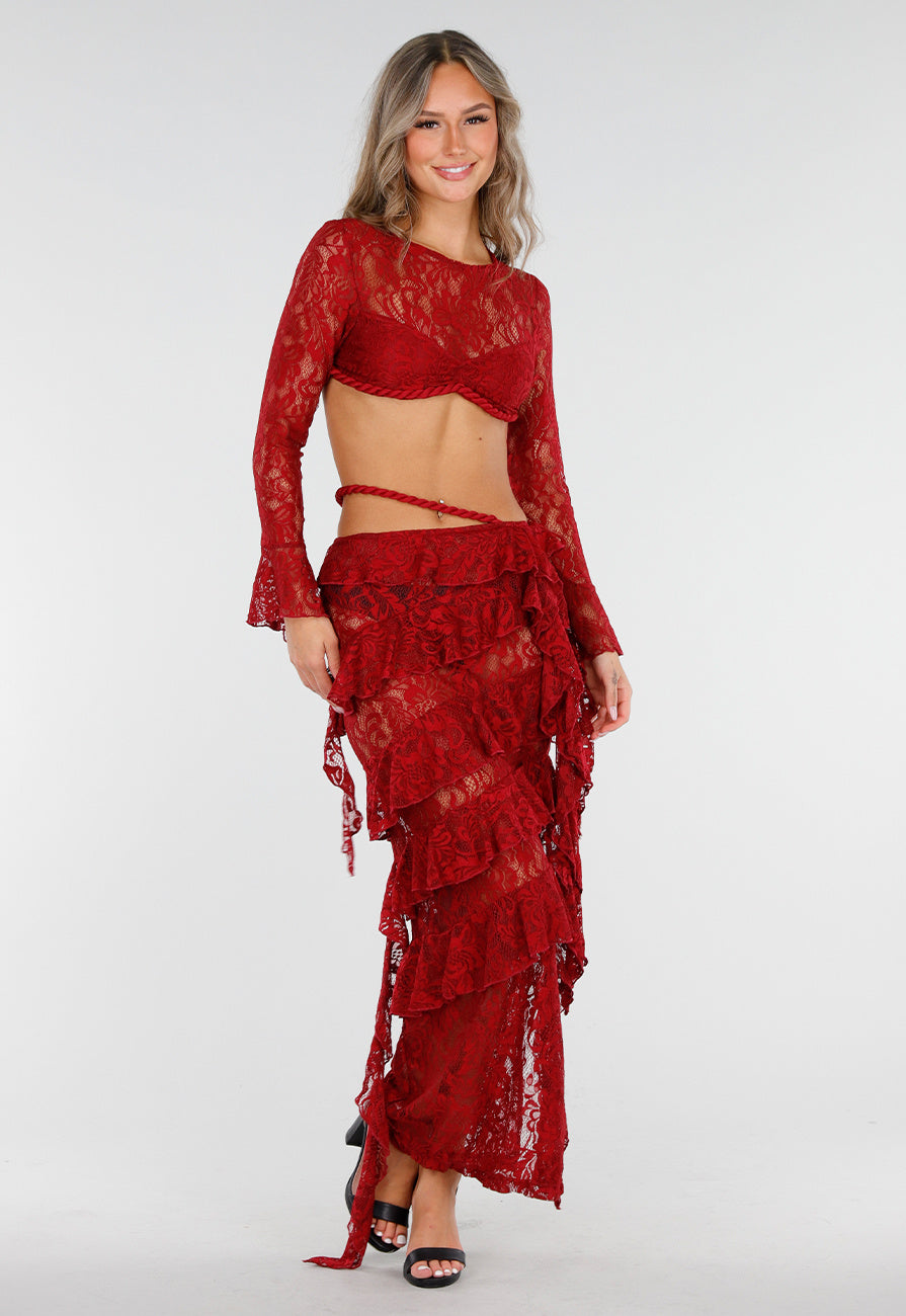 Rode Two Piece Set van Kant met Ruffles en Lange Mouwen