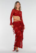 Rode Two Piece Set van Kant met Ruffles en Lange Mouwen