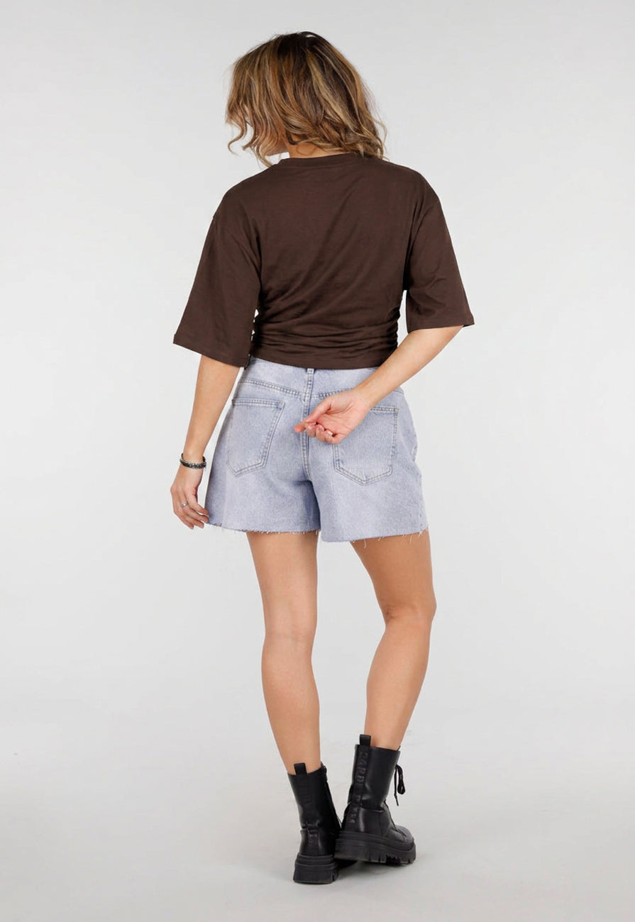 NEW150726 Bruin Oversized T-Shirt met Halflange Mouwen en Geplooid Detail