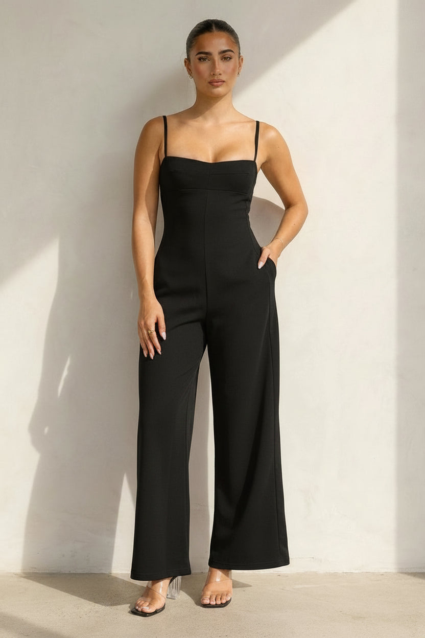 NEW080726 Zwarte Jumpsuit met Pads En Spaghettibandjes