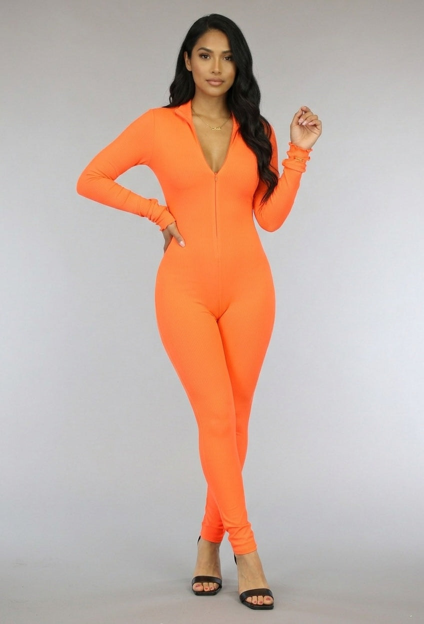 Oranje Stretch Rib Jumpsuit met Rits