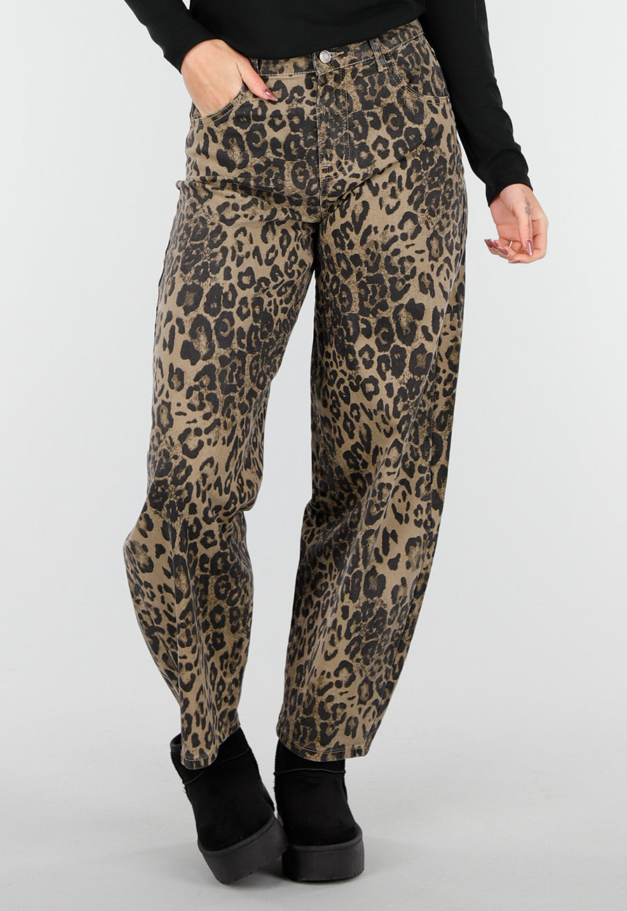 Bruine Leopard Barrel Jeans Mid Waist