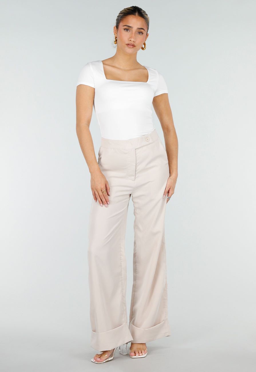 Beige Wide Leg Pantalon met Omslag en Steekzakken