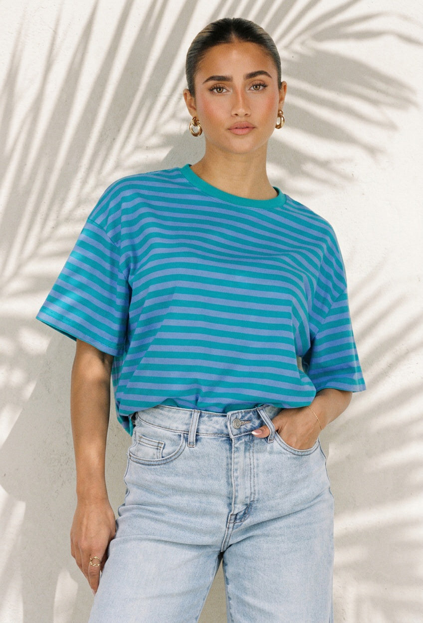 Blauw Groene Gestreepte T-shirt met Ronde Hals en Korte Mouwen