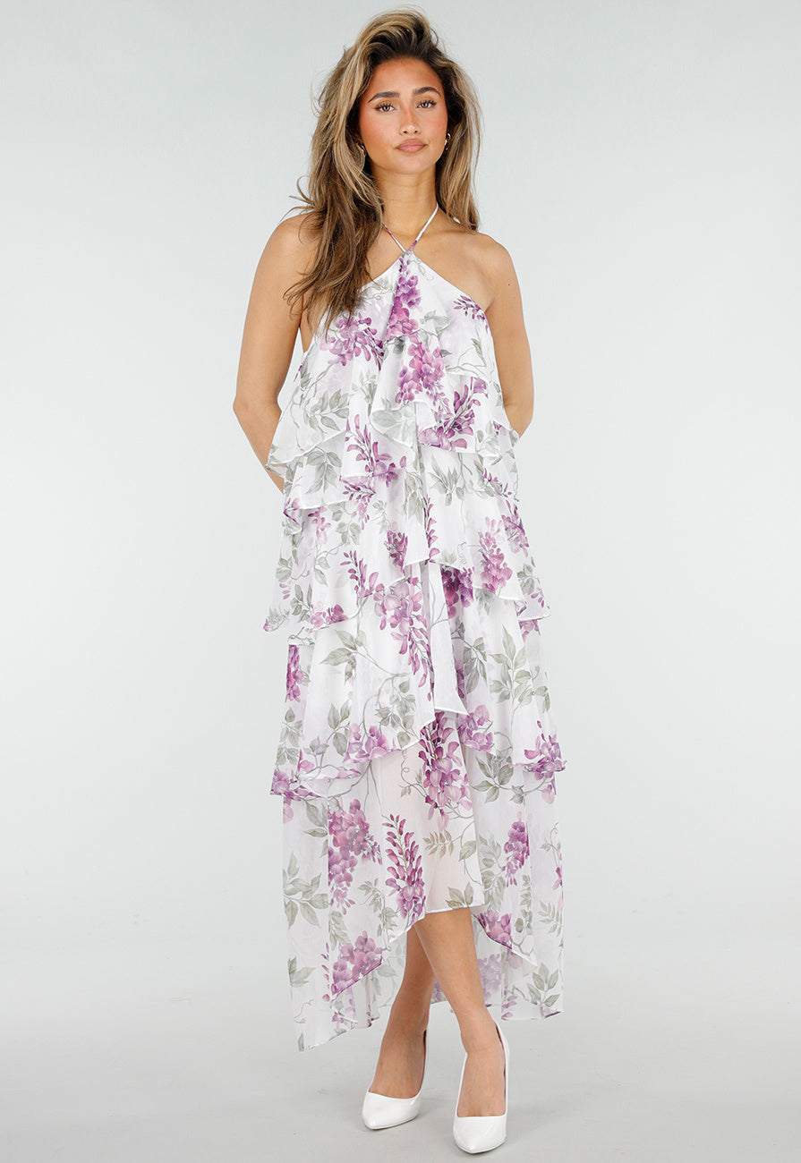 Paarse Maxi Halter Jurk met Bloemenprint en Gelaagde Ruches