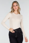 Beige Bodysuit met Lange Mouwen en Ronde Hals Stretch