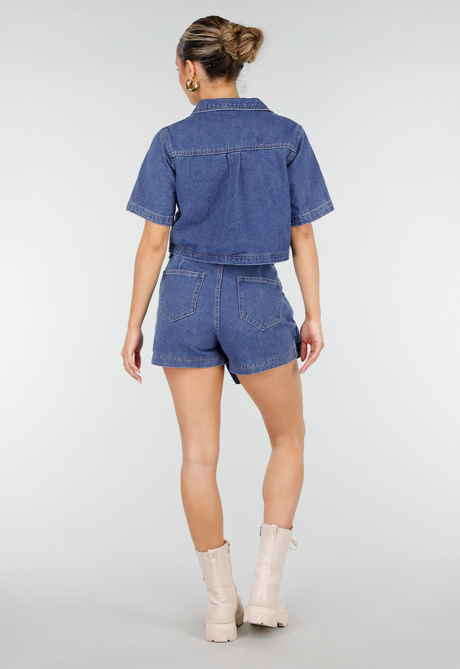 Blauwe Denim Set met Cropped Top en Overslag Skort
