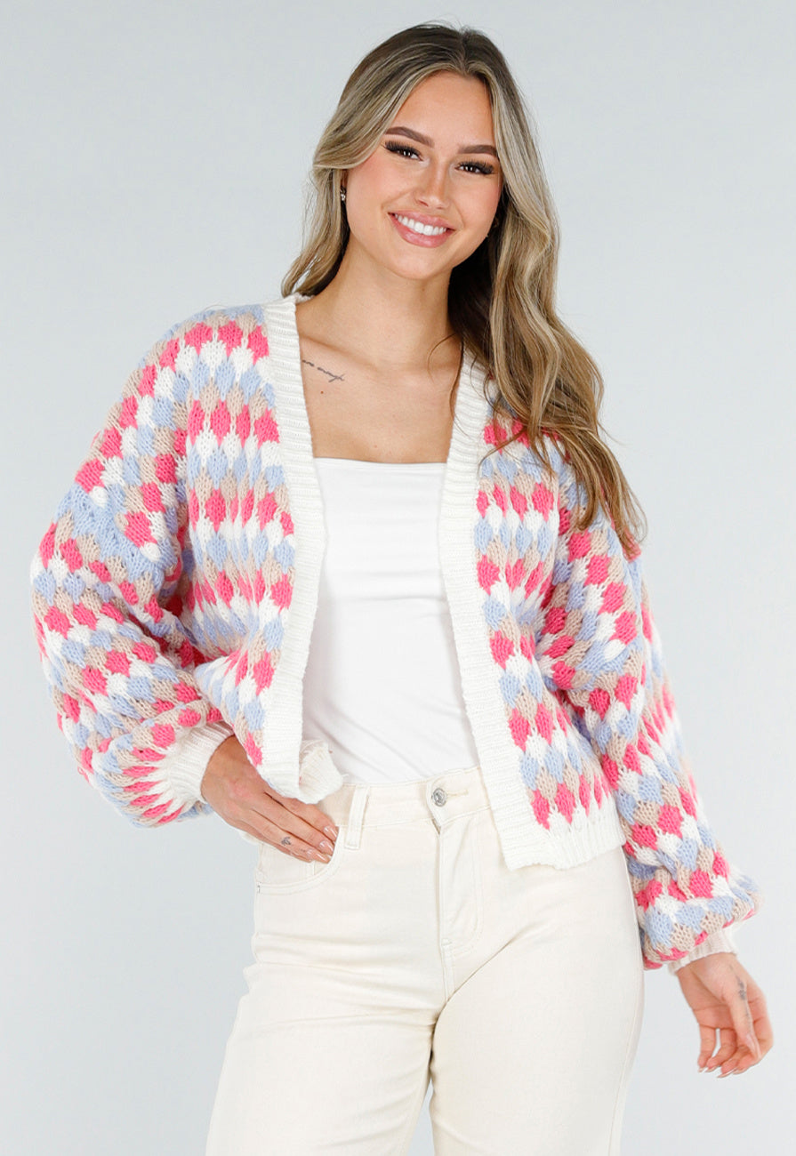 Gebreid Vest met Roze en Blauwe Ruitprint