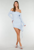 Lichtblauwe Korte Off Shoulder Bodycon Jurk met Stretch