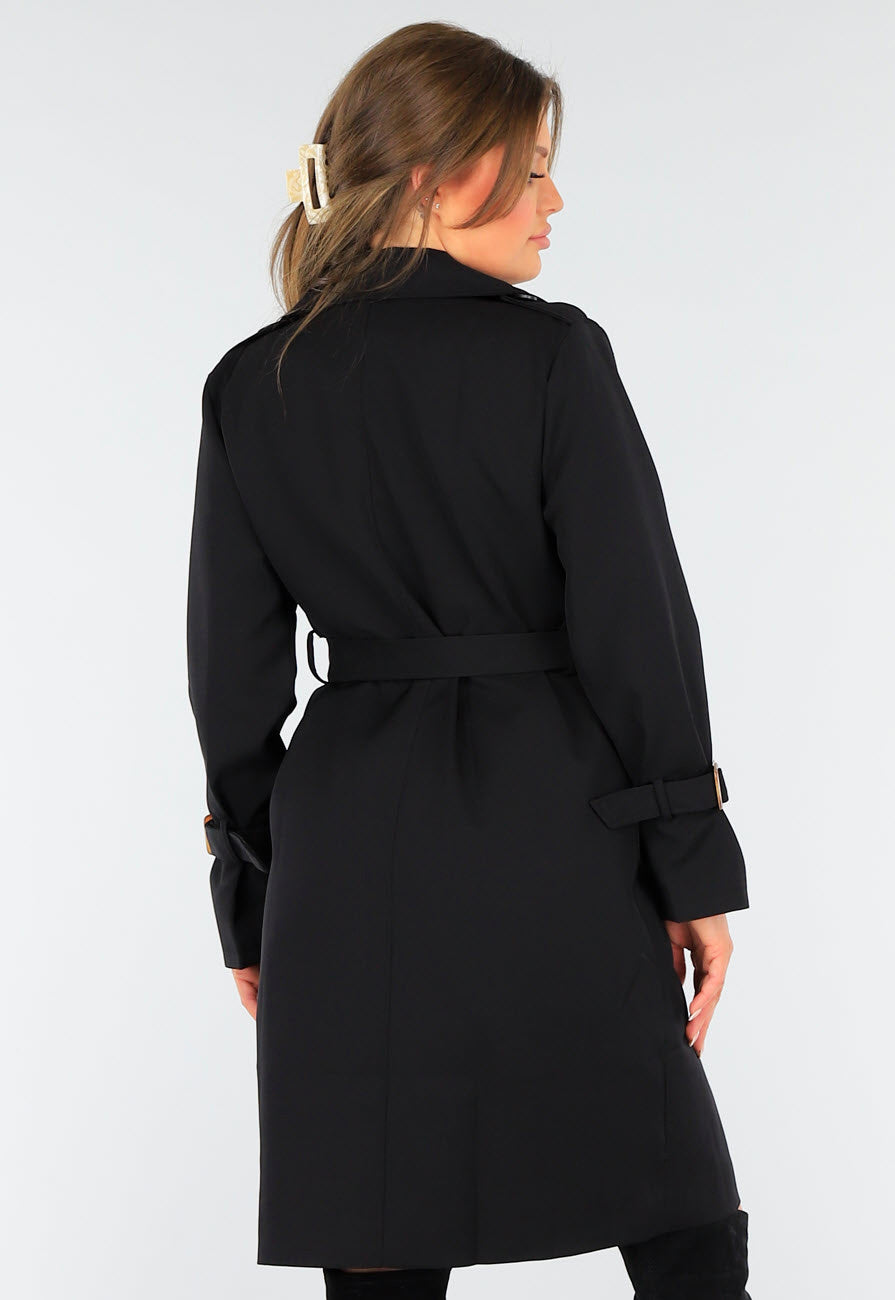 Zwarte Trenchcoat met Knoopsluiting en Gespjes