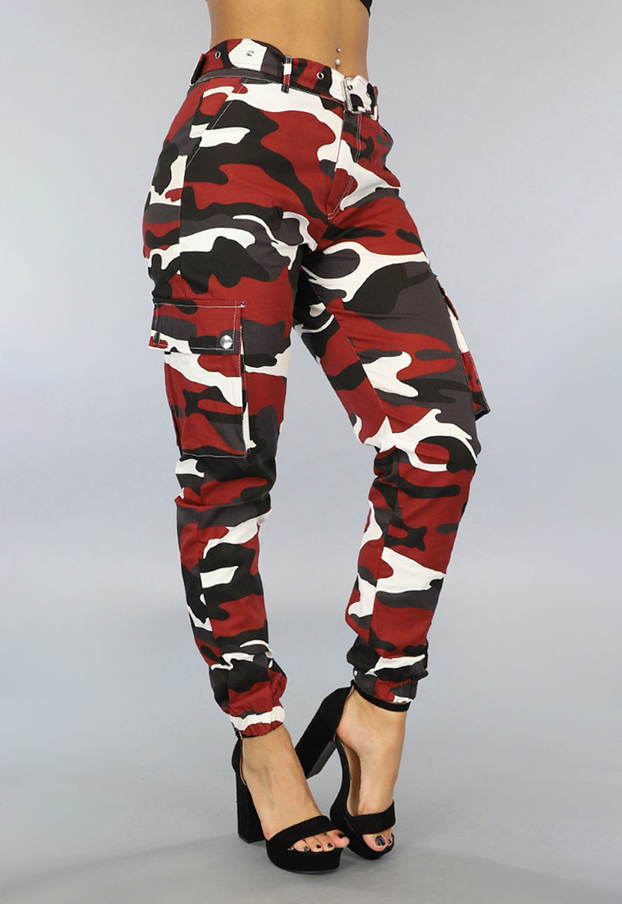 Roestbruine Cargo Broek met Camouflage Print