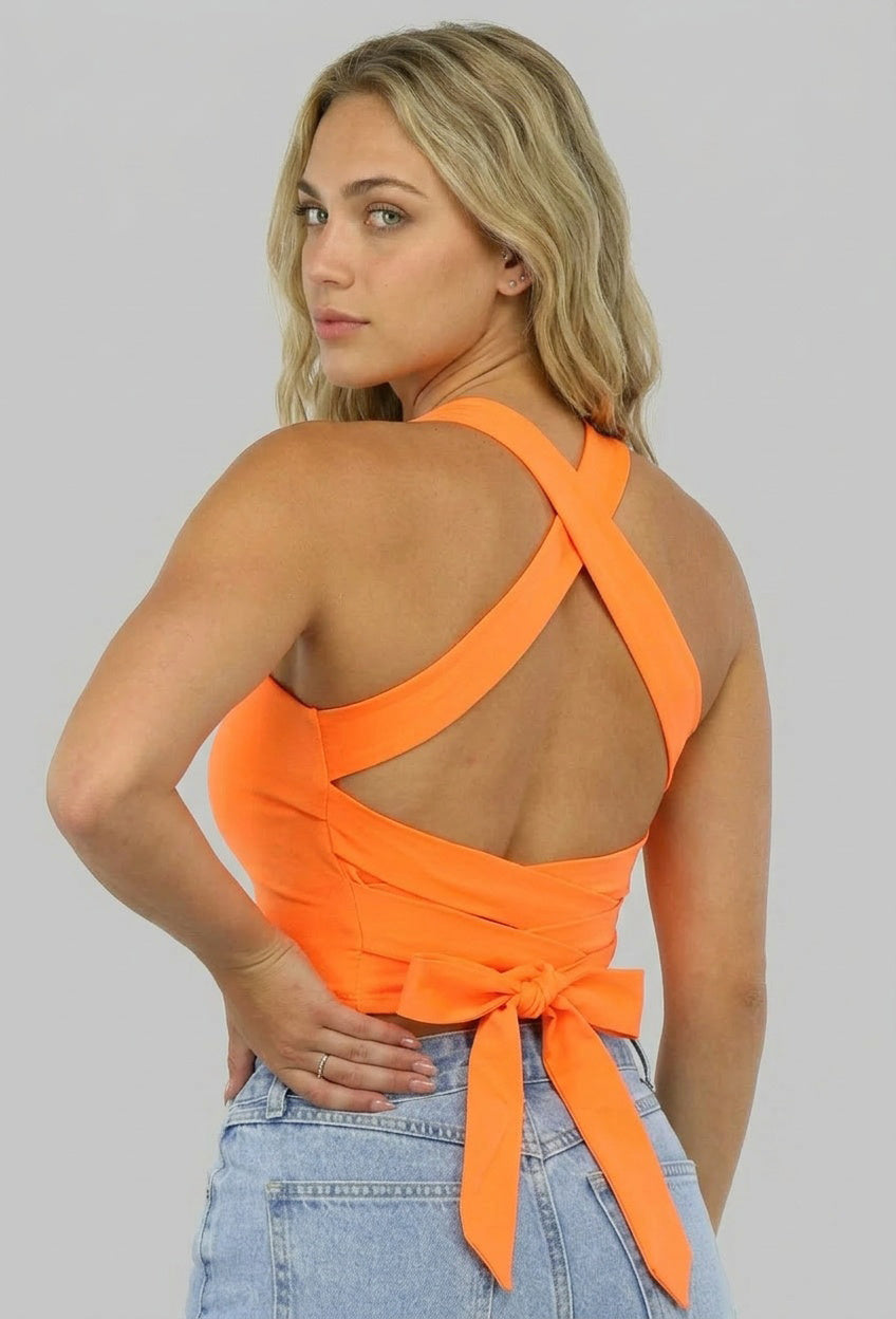 Oranje Sporttop met Vierkante Hals en Strikdetail