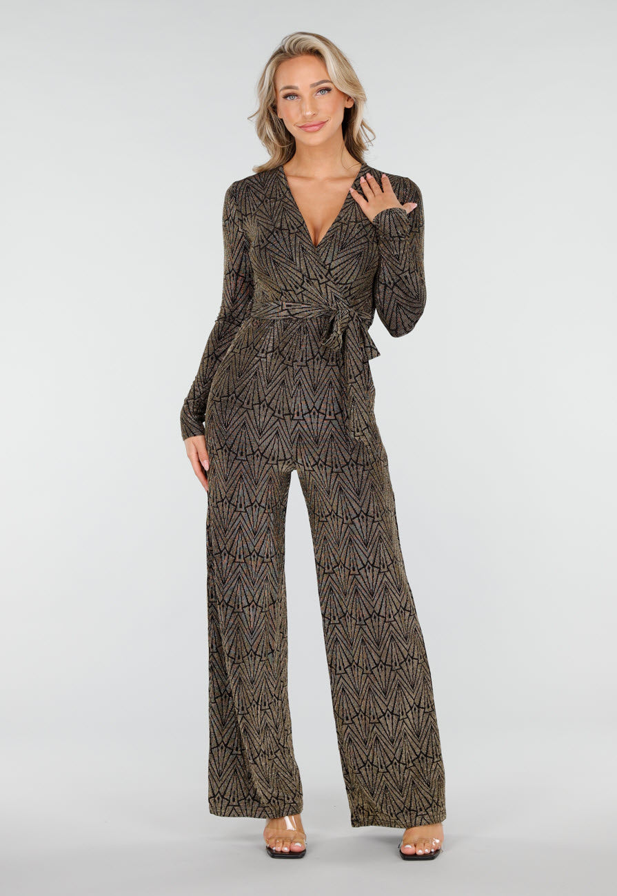 Jumpsuit met Ceintuur en Lange Mouwen in Goud met Glitterprint