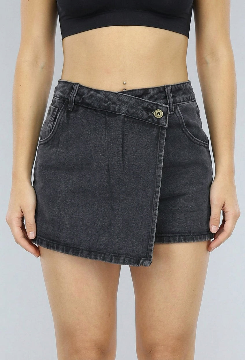 Antraciet Denim Overslag Skort met Schuine Sluiting