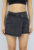 Antraciet Denim Overslag Skort met Schuine Sluiting
