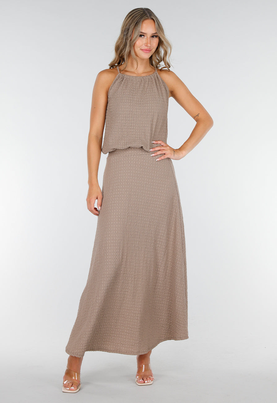 Taupe Set met Hooggesloten Top en Stretch