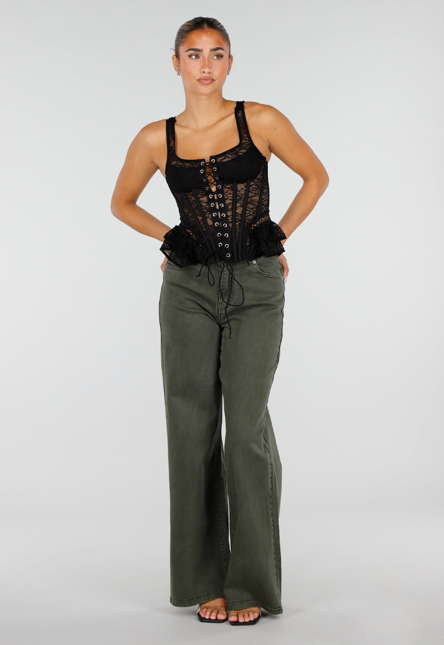 NEW120826 Olijfgroene Wide Leg Jeans met Hoge Taille en Lichte Stretch