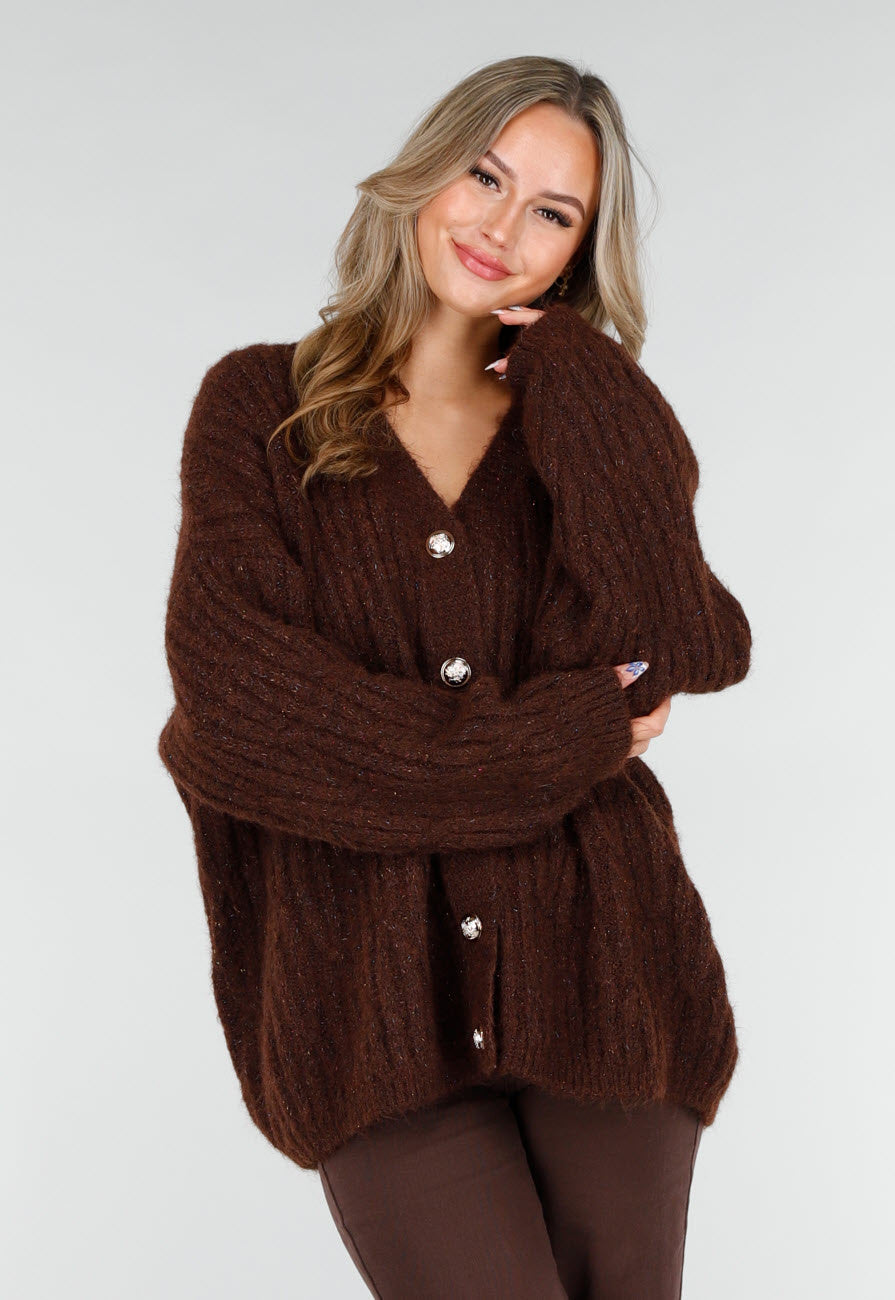 Gebreide Bruine Cardigan met Lurex en Goudkleurige Knopen