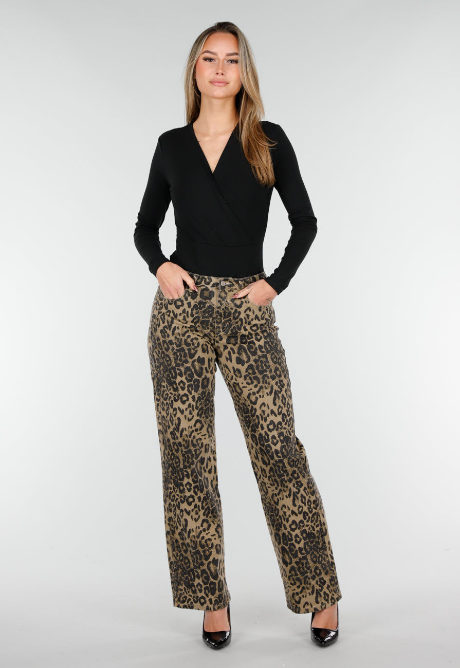 Bruine Luipaardprint Stretch Broek met Rechte Pijpen