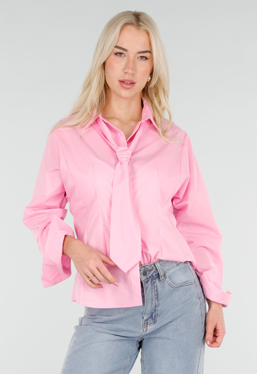 Roze Blouse met Lange Mouwen en Stropdasdetail