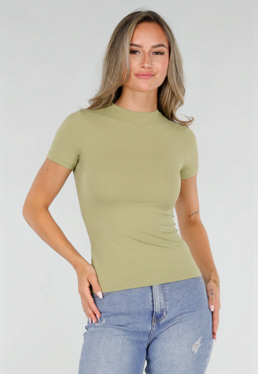 NEW220726 Pistache Stretch T-Shirt met Ronde Hals en Korte Mouwen