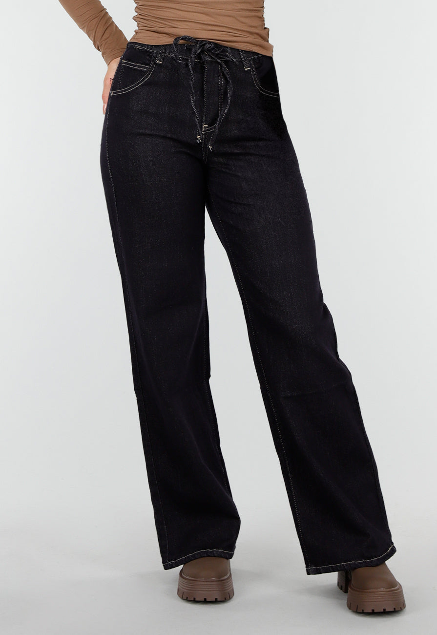 Redial Jeans Donkerblauwe Wide Leg Jeans met Elastische Taille en Strikkoord