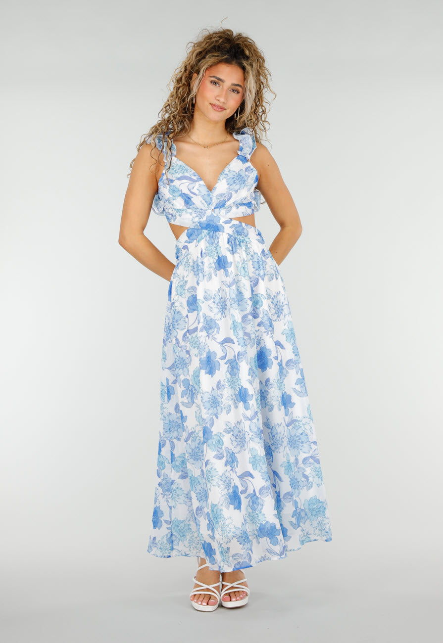 Witte Maxi Jurk met Blauwe Bloemenprint en Ruches