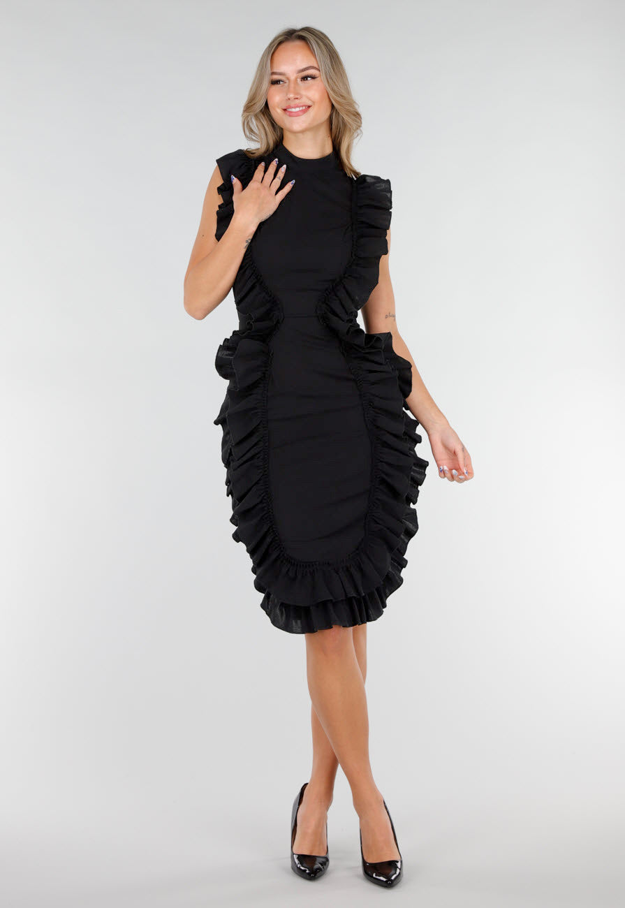 Zwarte Ruffle Jurk Zonder Mouwen met Stretch