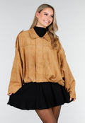 Camel Jas met Suède Look en Oversized Pasvorm