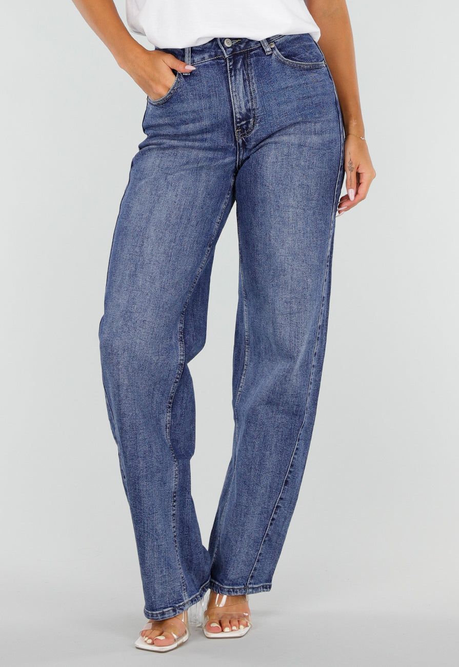 NEW020926 Blauwe Denim Straight Leg Jeans met Hoge Taille en Rechte Pijpen