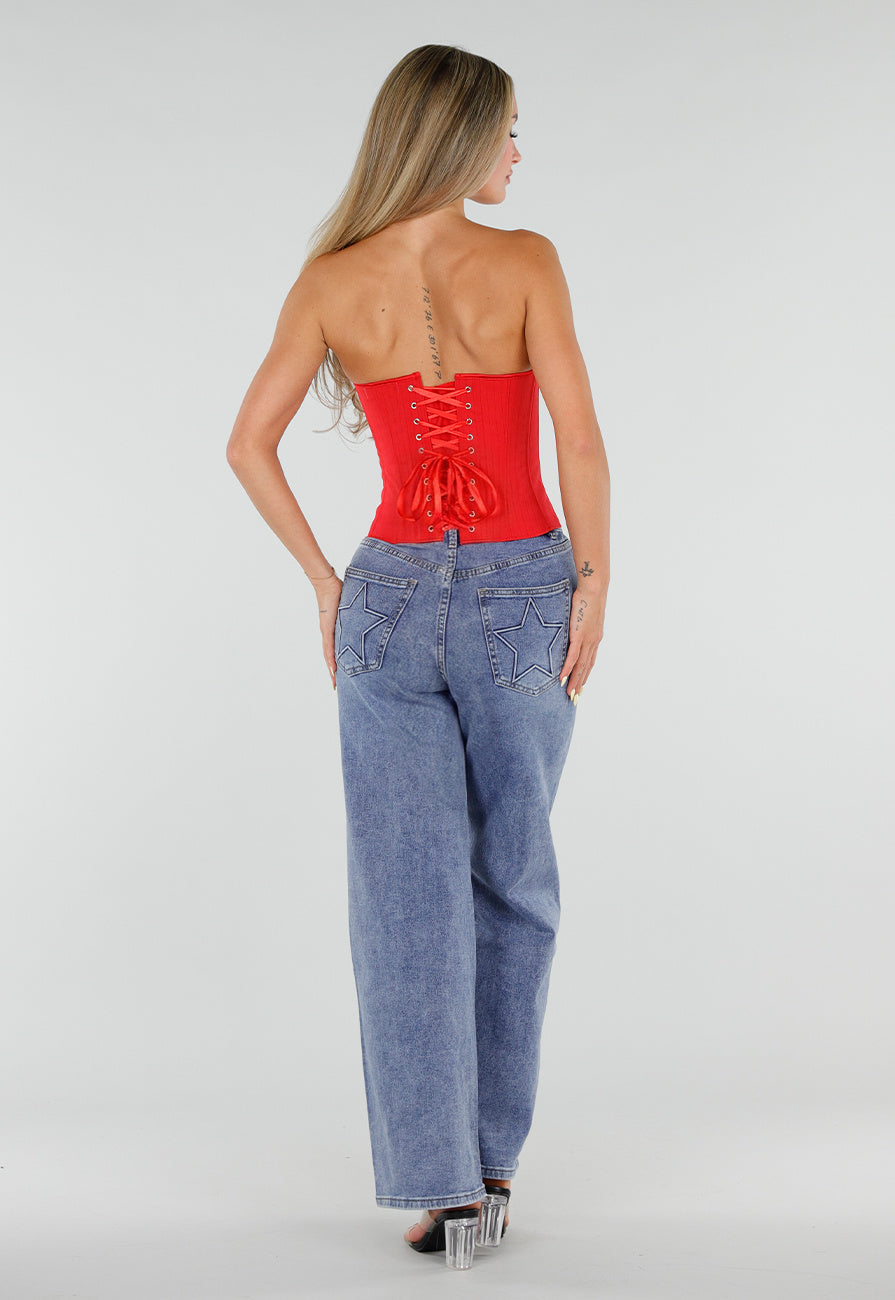 NEW050826 Rood Gestreept Strapless Korset met Baleinen, Beugel en Rits
