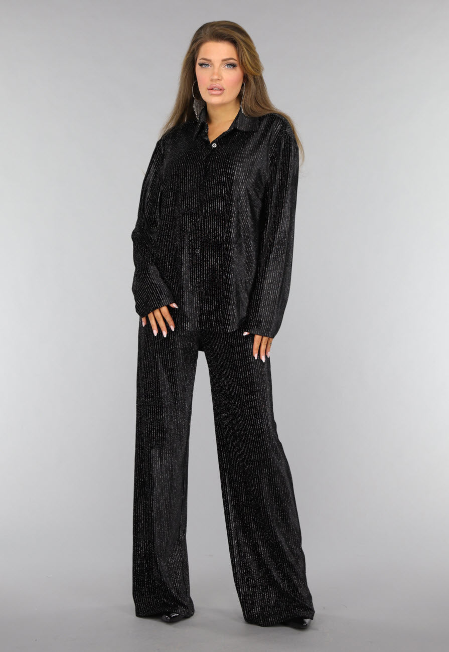 Zwarte Velvet Glitter Two Piece met Wide Leg Broek