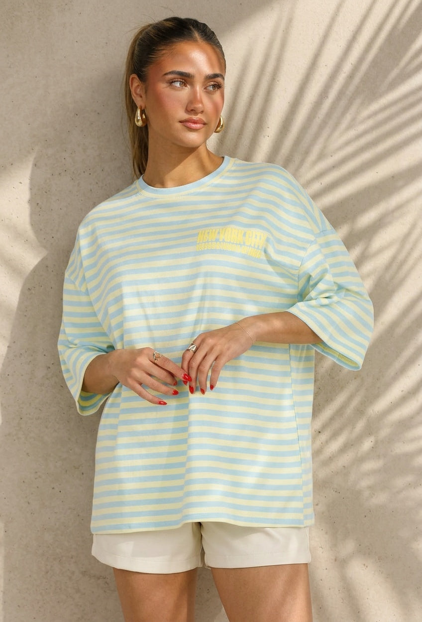 Lichtblauw Geel Gestreepte Oversized T-shirt met Tekstprint