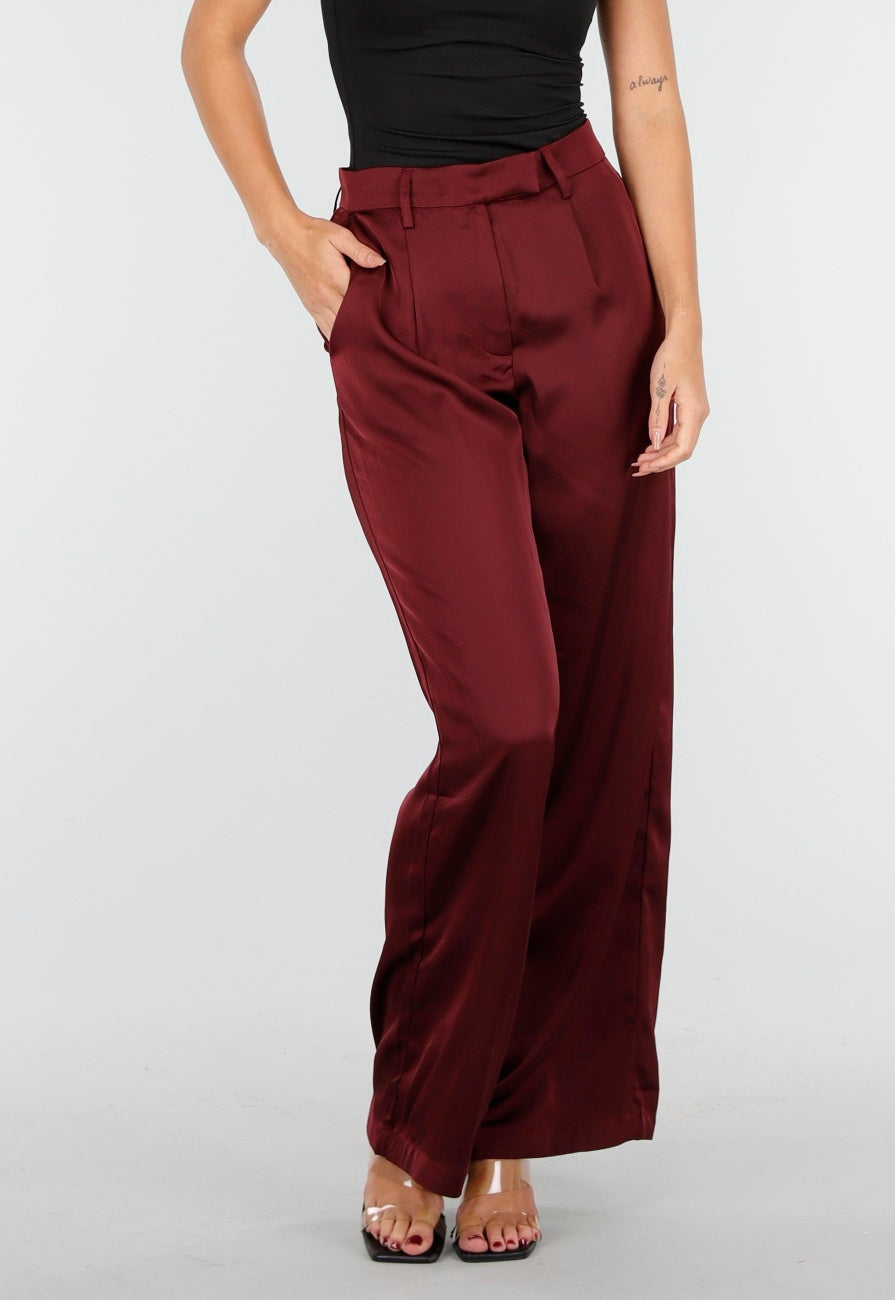 Bordeauxrode Satijnlook Wide Leg Broek met Hoge Taille