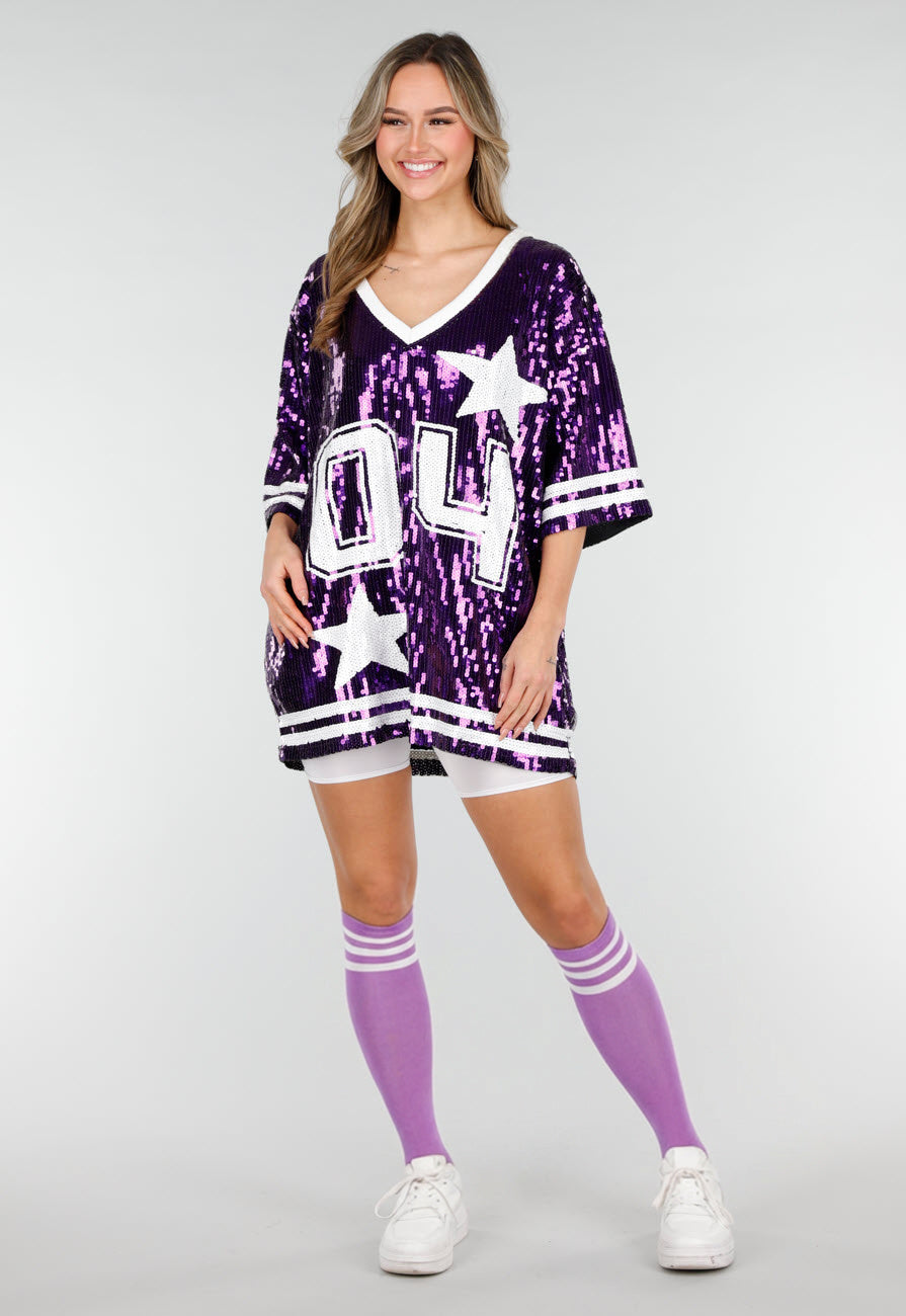Paarse Oversized Pailletten Jersey Top met V Hals