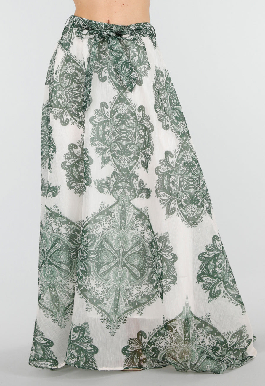 Groene Maxi Rok met Paisley Print en Strikceintuur