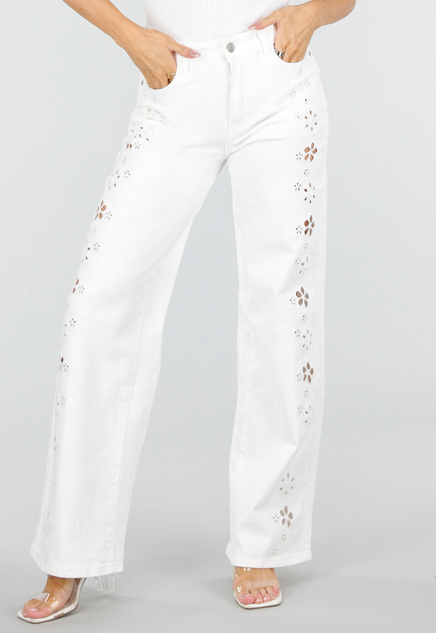 Witte Wide Leg Jeans met Broderie Anglaise en High Waist Pasvorm