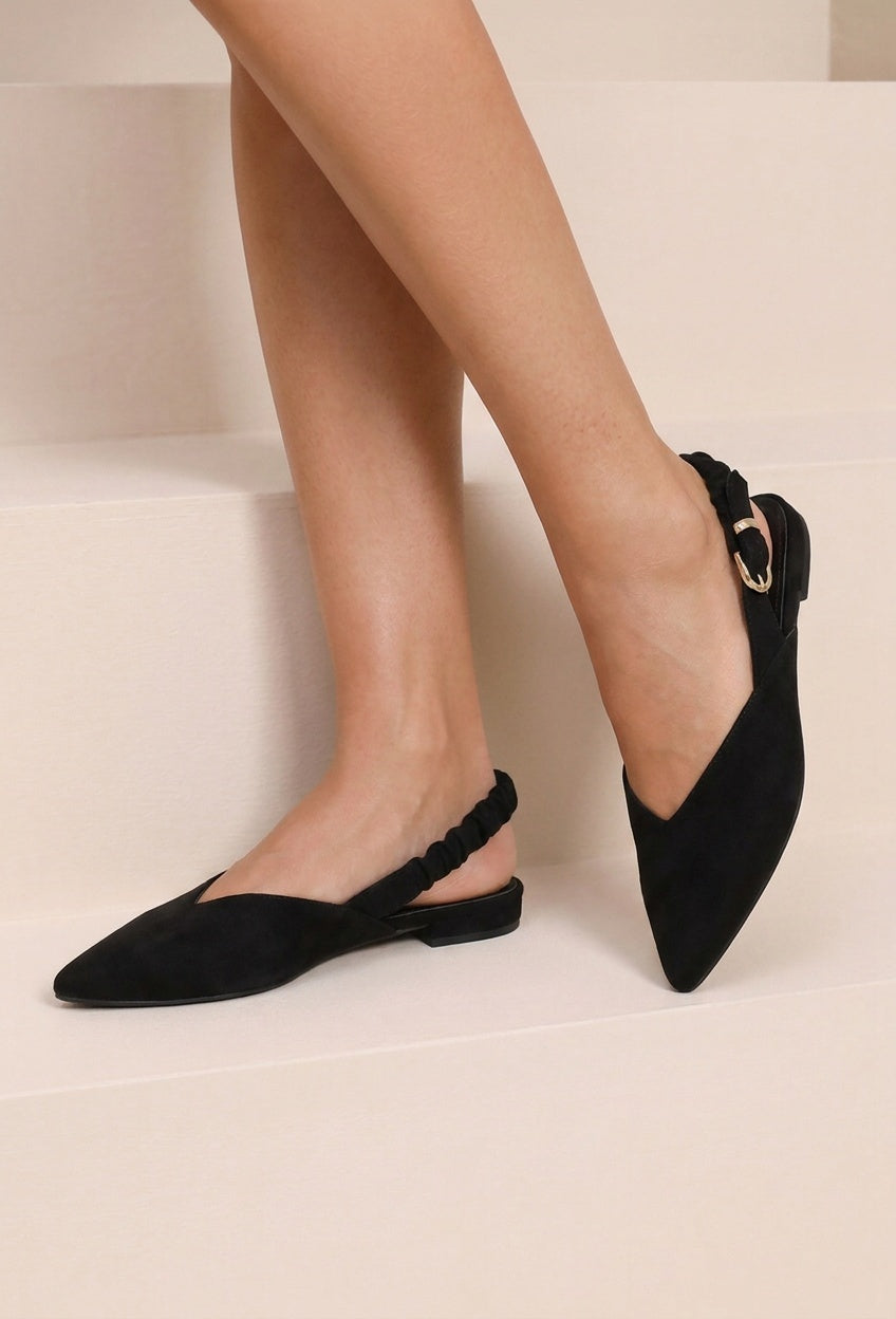 NEW190826 Zwarte Suèdelook Slingback Muiltjes met Puntneus en Gesp