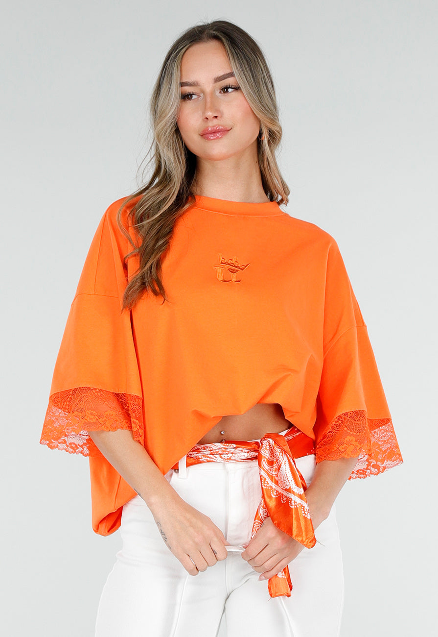 Oranje Oversized T-Shirt met Borduursel en Kanten Mouwen