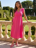 Fuchsia Linnenlook Midi Jurk met Ruches en V-Hals