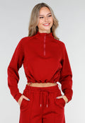 Bordeauxrode Cropped Lounge Trui met Halve Rits en Hoge Kraag