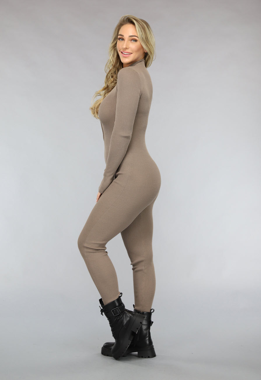 Taupe Ribstof Jumpsuit met Lange Mouwen en Rits