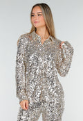 Zilveren Blouse met All Over Pailletten en Klassieke Kraag