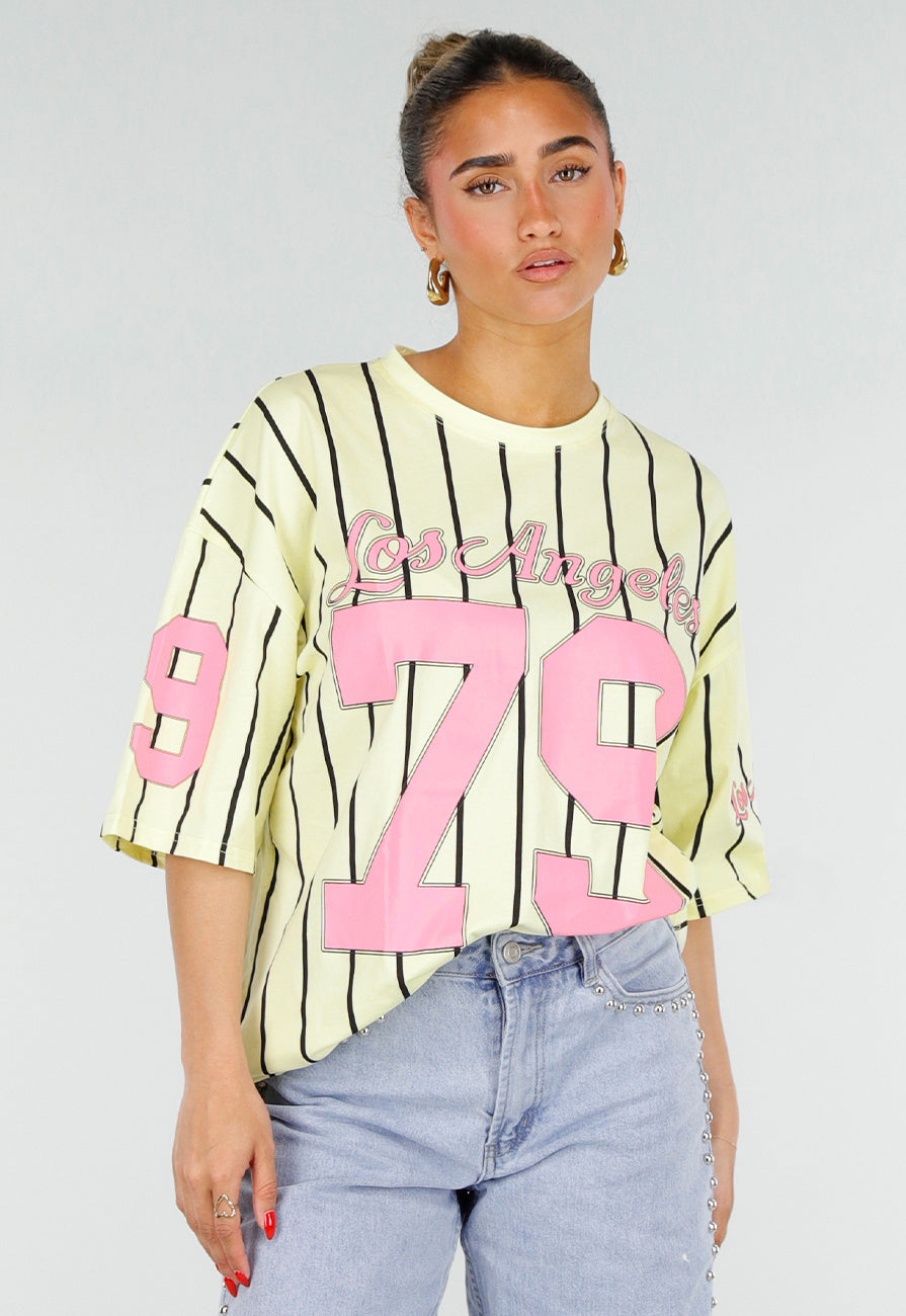 Gele Gestreepte Oversized T-shirt met Los Angeles Print