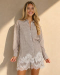 NEW080726 Beige Gestreepte Blouse en Short Set met Kant