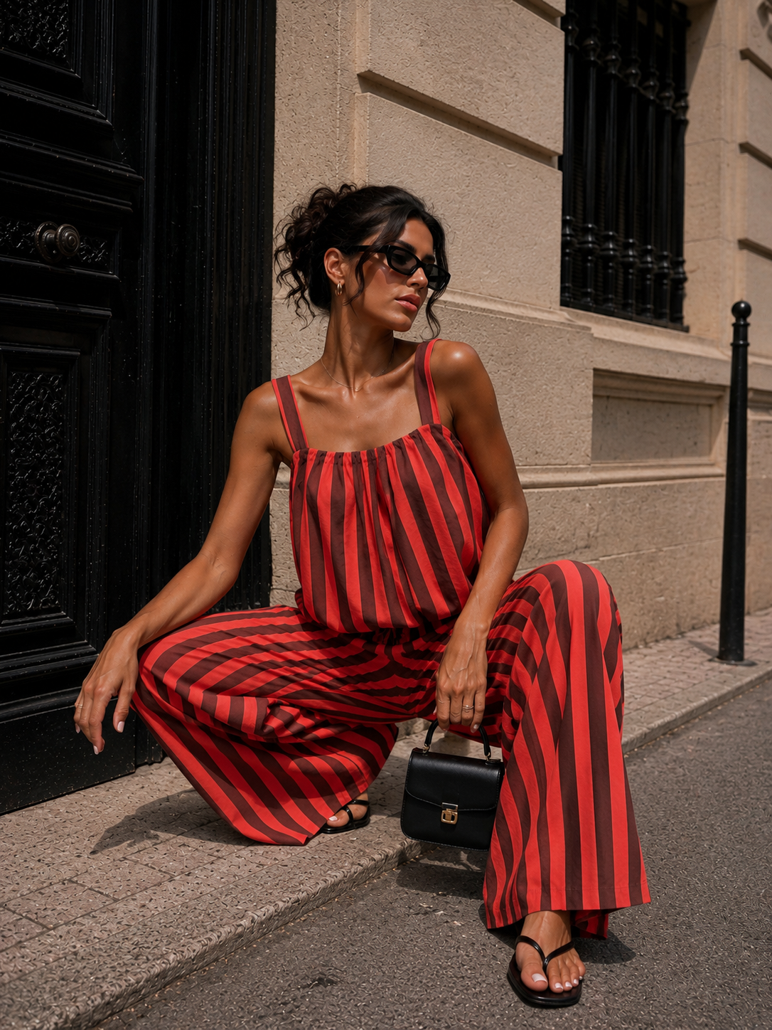 Rood Bruine Gestreepte Two Piece Set met Mouwloze Top en Wide Leg Broek