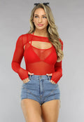 Longsleeve Mesh Bodysuit Set in Rood