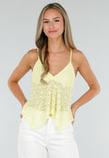 NEW120826 Gele Kanten Top met Spaghettibandjes, V-Hals en Puntzoom